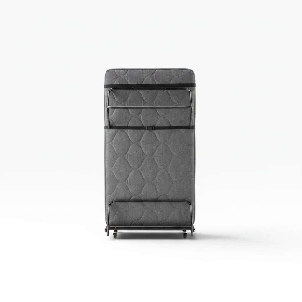 Valiant Products EZ Sleeper portable rollaway bed folded upright with grey mattress and black steel frame