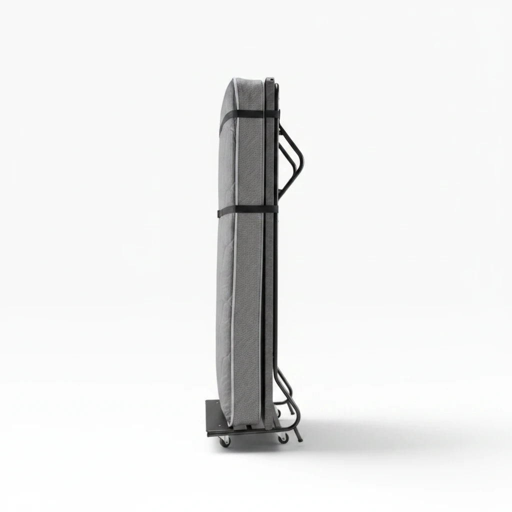 Valiant Products EZ Sleeper portable rollaway bed folded upright with grey mattress and black steel frame on casters