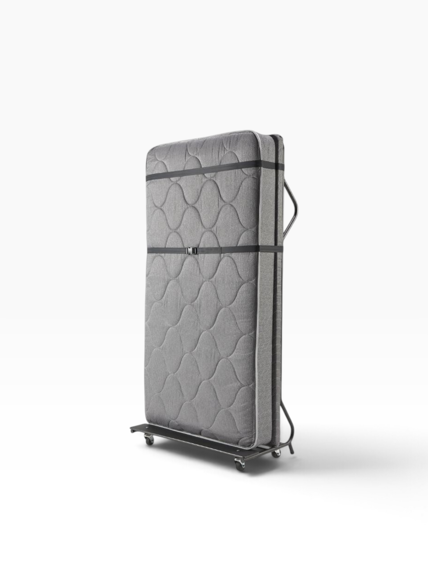 Valiant Products EZ Sleeper portable rollaway bed folded upright on swivel casters with a grey innerspring mattress.