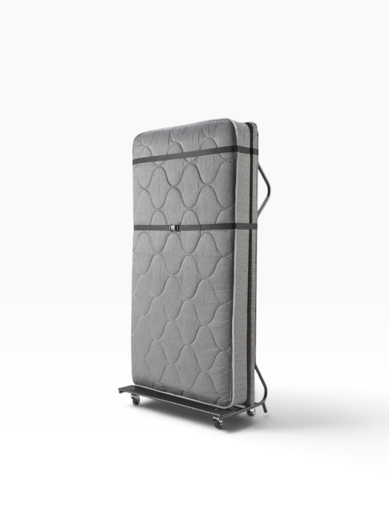 Valiant Products EZ Sleeper portable rollaway bed folded upright on swivel casters with a grey innerspring mattress.