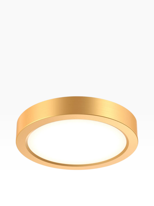 Valiant Products Portal flush mount LED light in brushed gold finish with a low-profile circular design.