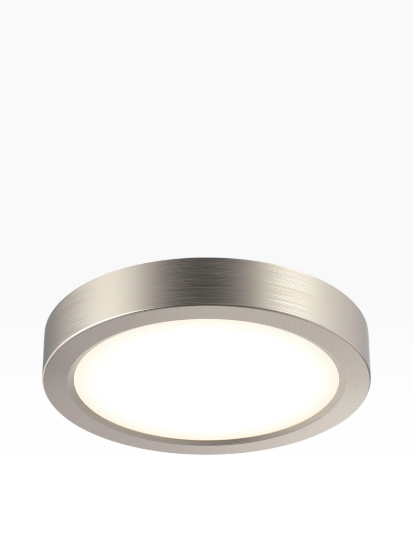 Valiant Products Portal flush mount LED light in satin nickel finish with a low-profile circular design.