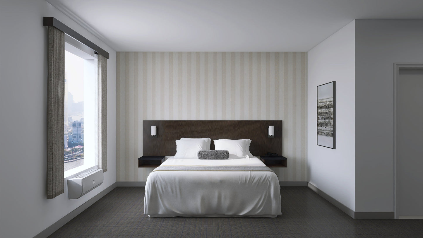 Valiant Products queen headboard in dark wood with integrated bedside tables in a modern minimalist bedroom setting.