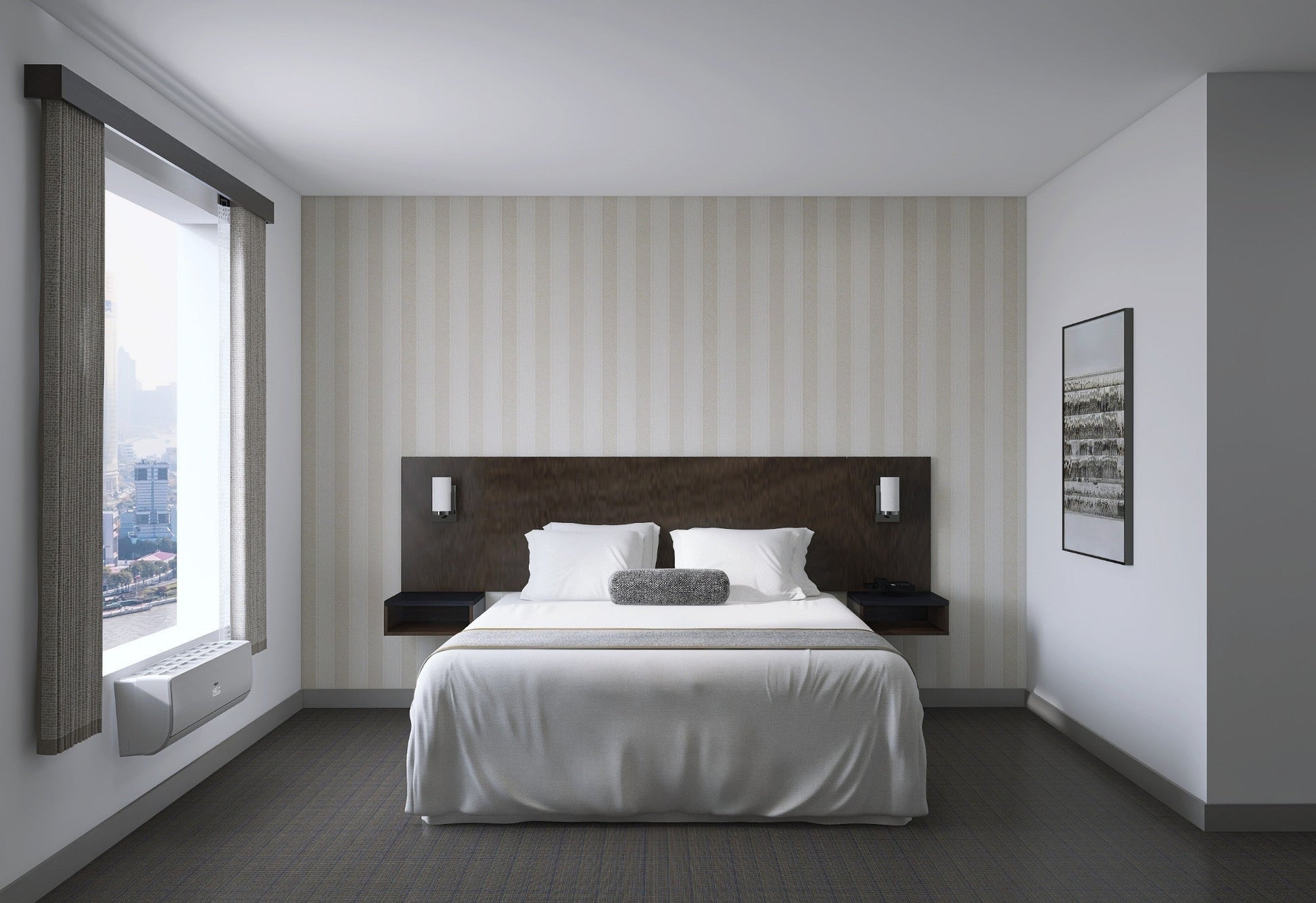 Valiant Products queen headboard in dark wood with integrated bedside tables and wall sconces in a modern bedroom.