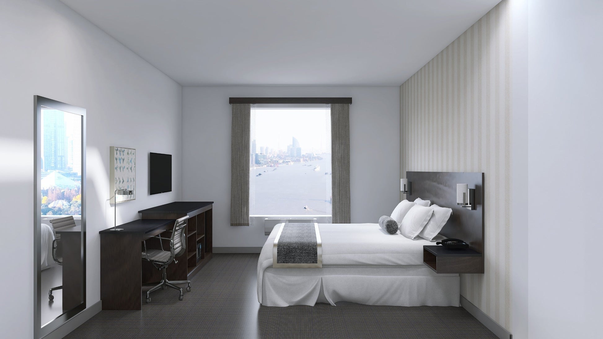 Valiant Products queen headboard with a modern dark wood finish and integrated nightstands in a hotel bedroom.
