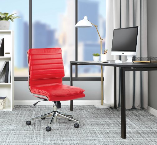 Valiant Products Dione Ergo Chair in red faux leather with chrome base and lumbar support in a modern home office.