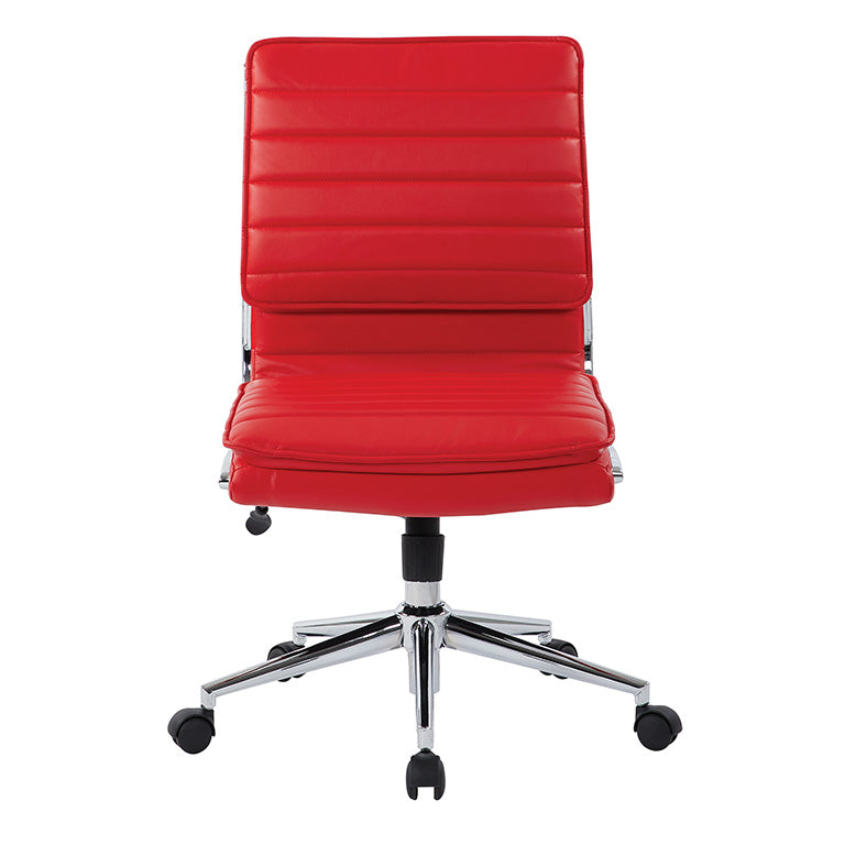 Valiant Products Dione Ergo Chair in red faux leather with a chrome base and armless design for office use.