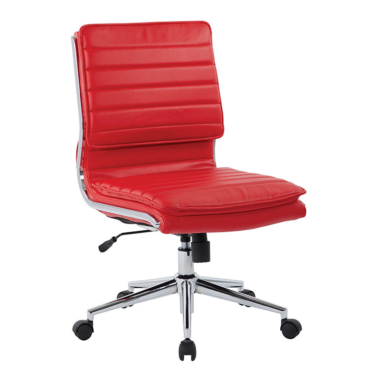 Valiant Products Dione Ergo Chair in red faux leather with a chrome base and armless design for office comfort.