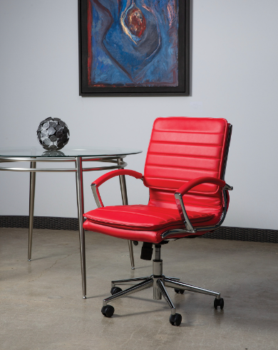 Valiant Products Themis mid-back ergonomic office chair in red faux leather with chrome frame and lumbar support.