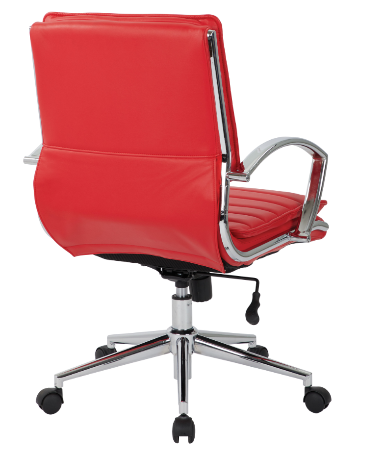 Valiant Products Themis mid-back ergonomic office chair in red faux leather with a chrome frame and base.