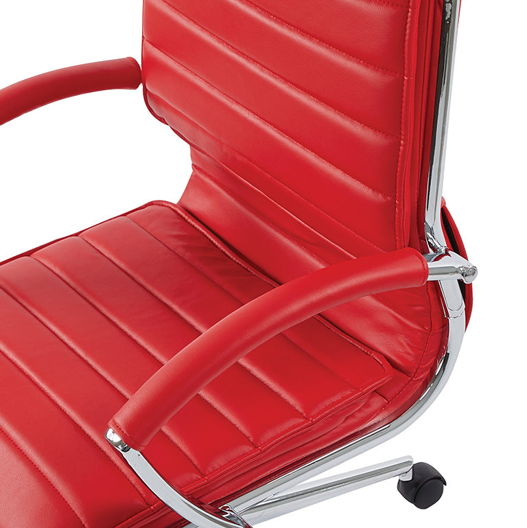 Valiant Products Themis mid-back ergonomic office chair in red faux leather with chrome frame and loop arms.