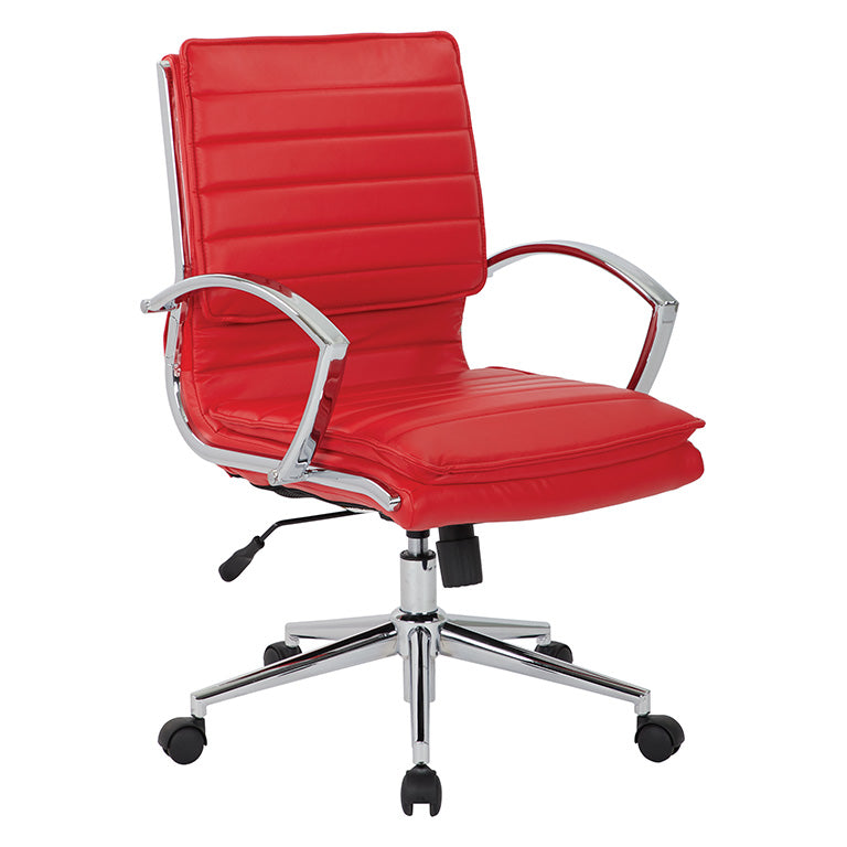 Valiant Products Themis mid-back ergonomic office chair in red faux leather with chrome arms and base.