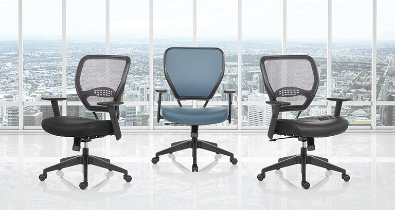 Valiant Products Rita antimicrobial faux leather ergo chairs with mesh backs and adjustable arms in a city office