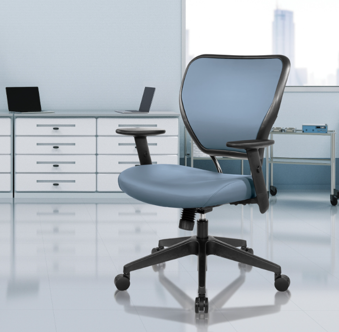 Valiant Products Rita antimicrobial faux leather ergonomic office chair in blue with adjustable arms and nylon base