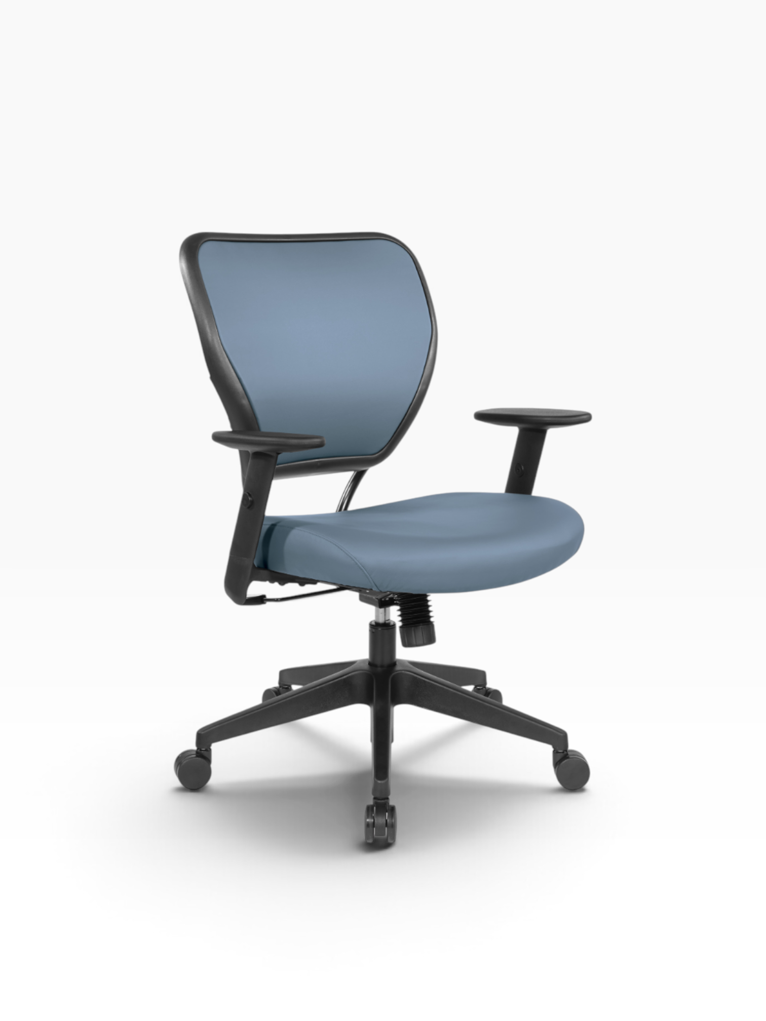 Valiant Products Rita ergonomic office chair in blue faux leather with adjustable arms and black nylon base.