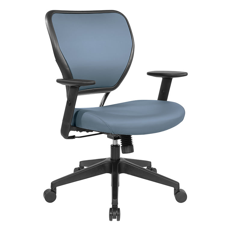 Valiant Products Rita ergonomic office chair in blue antimicrobial faux leather with adjustable arms and nylon base.