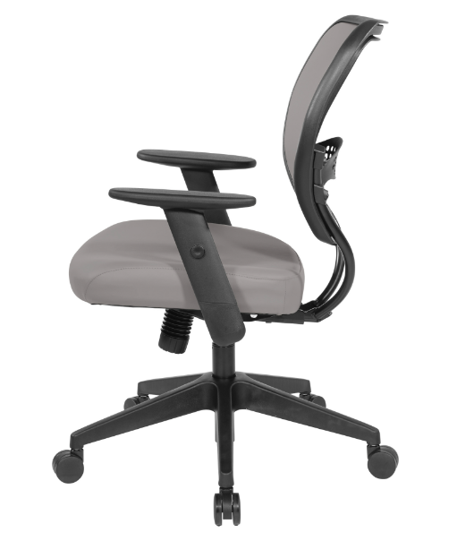 Valiant Products Rita ergonomic office chair in grey faux leather with an open grid back and adjustable armrests.