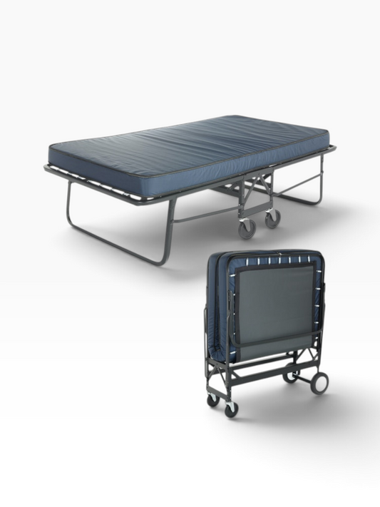 Valiant Products heavy-duty rollaway bed with steel frame and blue mattress shown in open and folded positions.