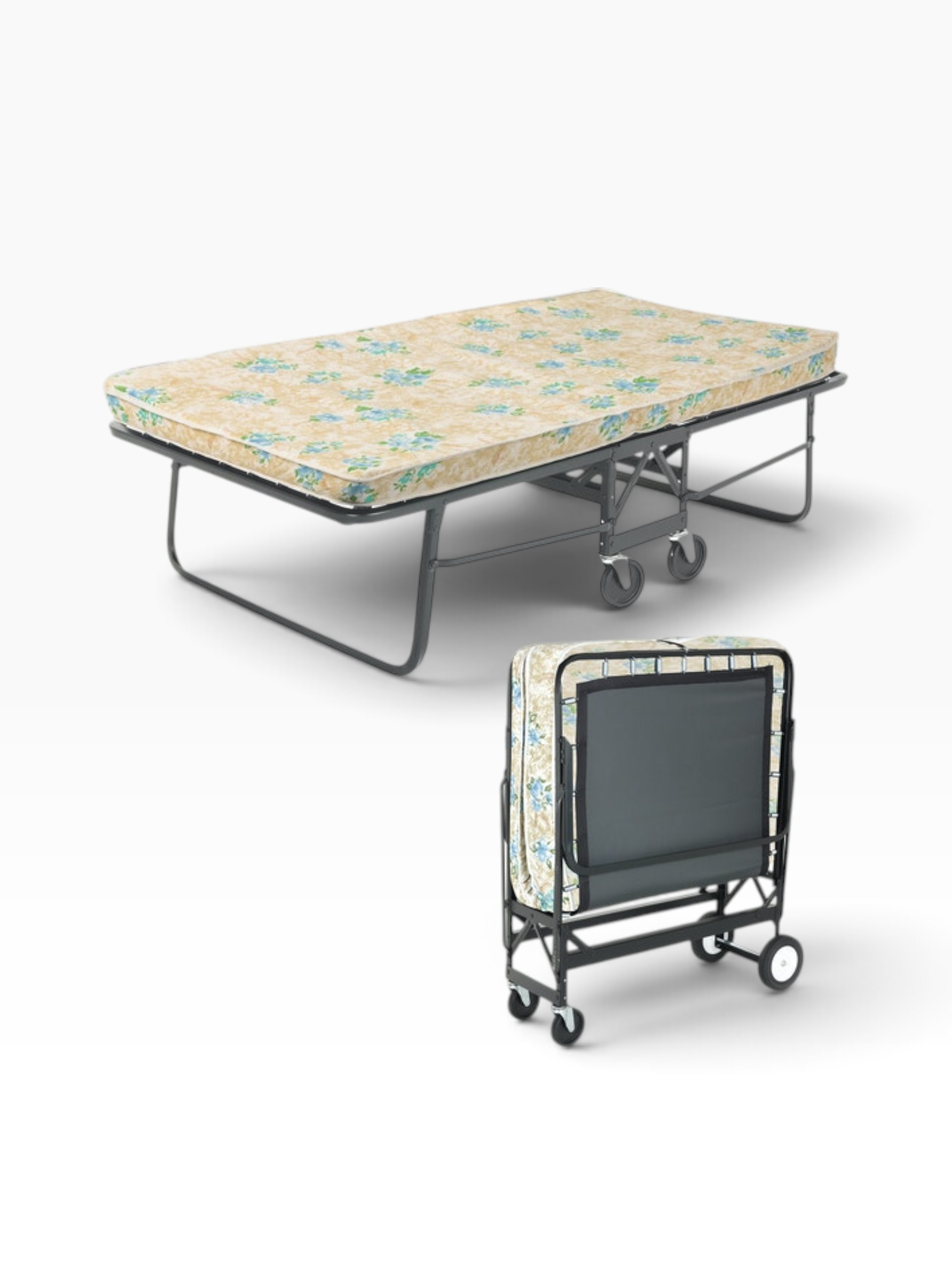 Valiant Products heavy-duty rollaway bed with floral mattress, shown in both open sleeping and folded storage positions.