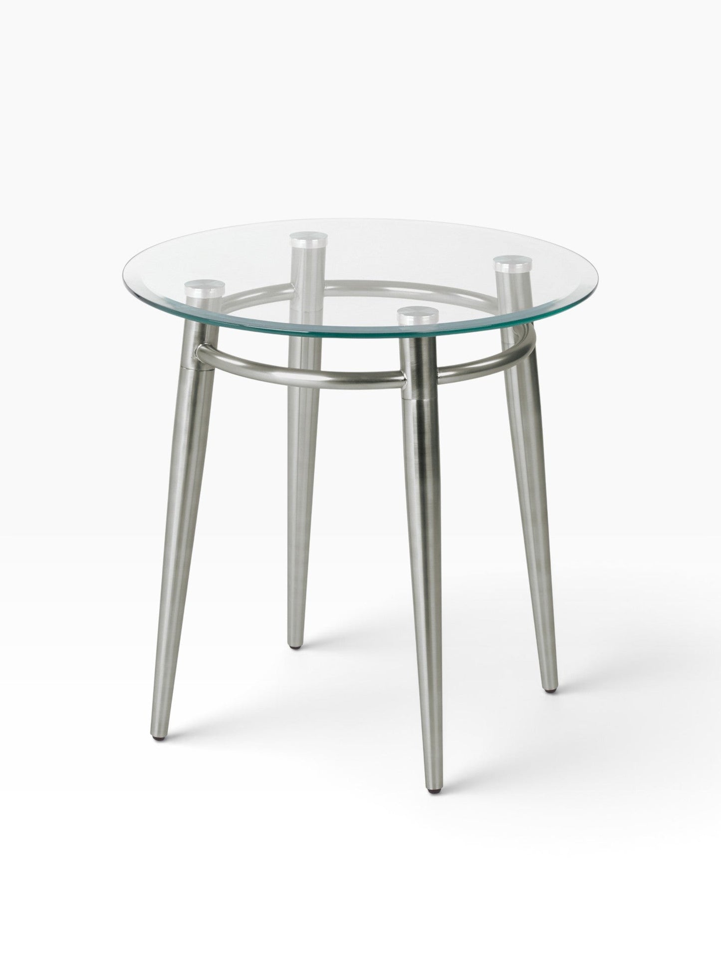 Valiant Products Brooklyn round end table with a clear glass top and brushed nickel metal legs on a white background