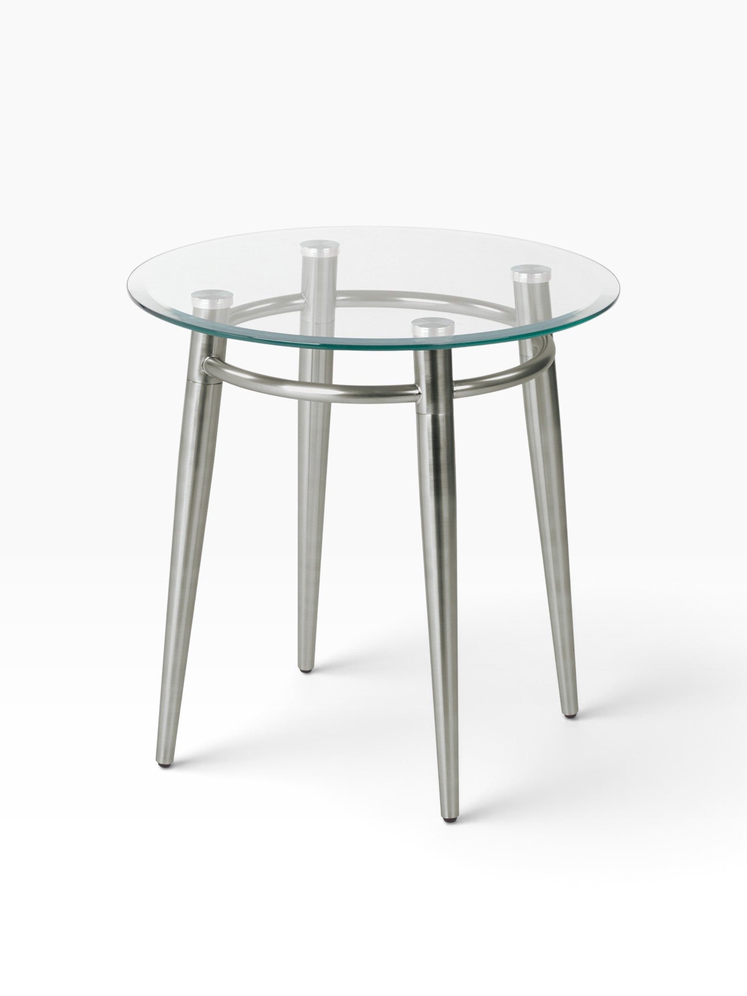 Valiant Products Brooklyn round end table with a clear glass top and brushed nickel metal legs on a white background