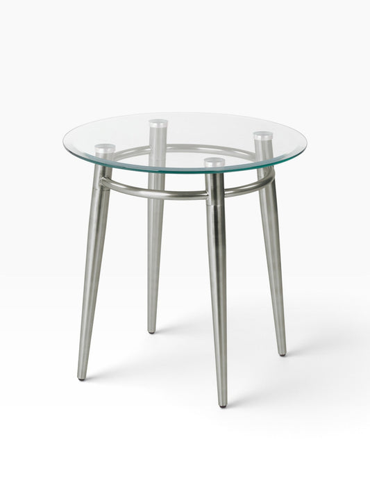 Valiant Products Brooklyn round end table with a clear glass top and brushed nickel metal legs on a white background