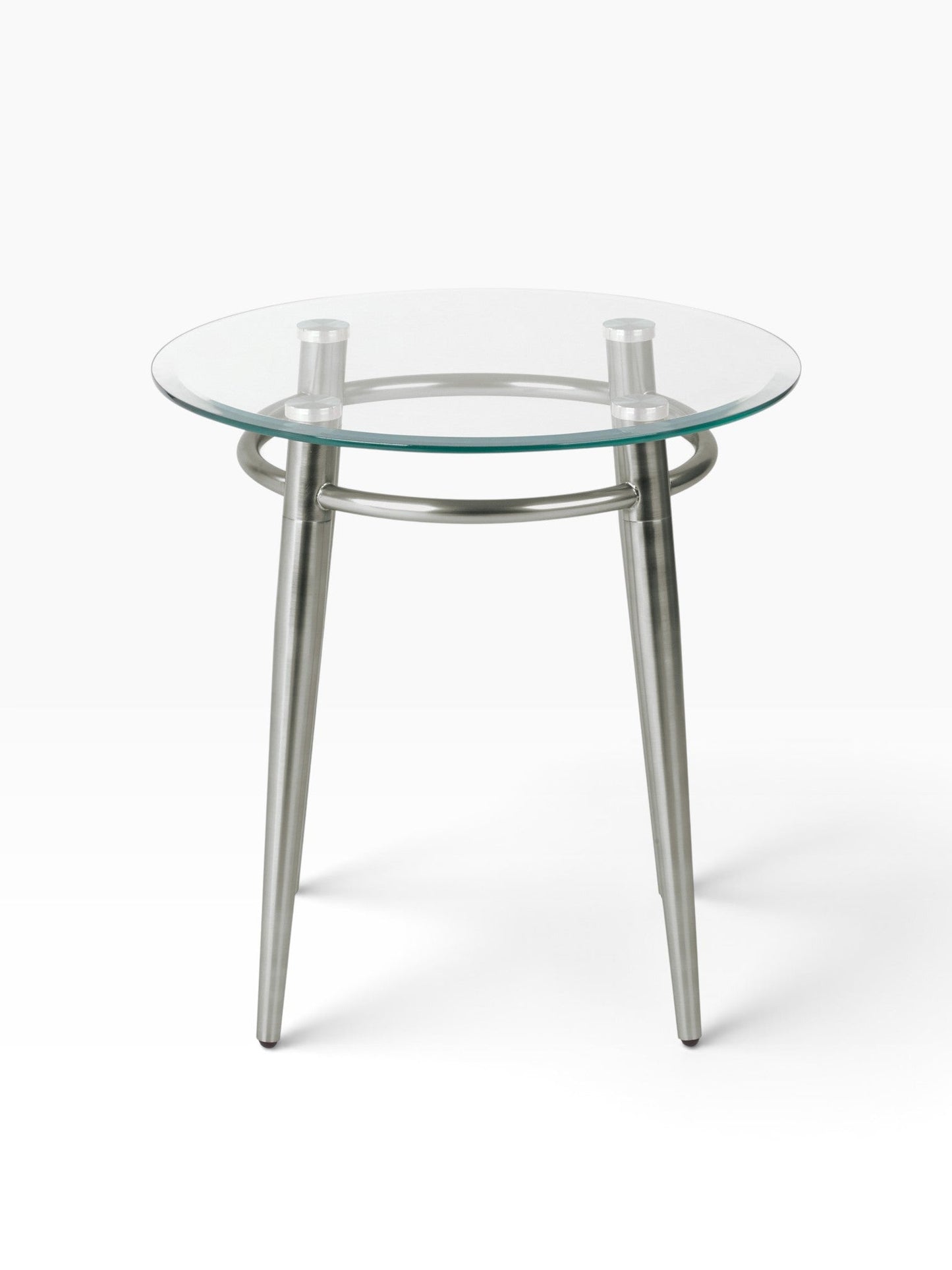 Valiant Products Brooklyn round end table with a clear glass top and brushed nickel metal legs.