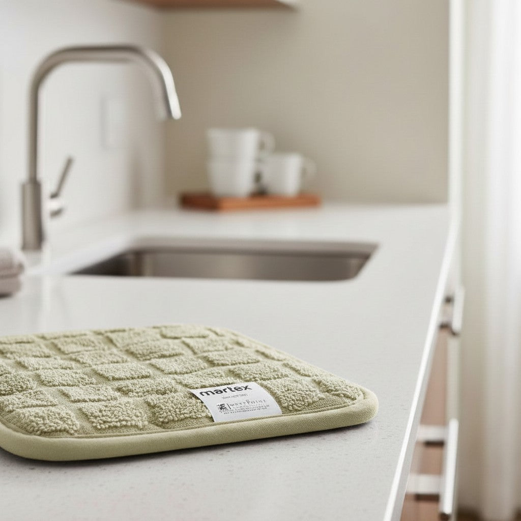 Valiant Products sage green square cotton pot holder with textured grid pattern and corner loop on a kitchen counter