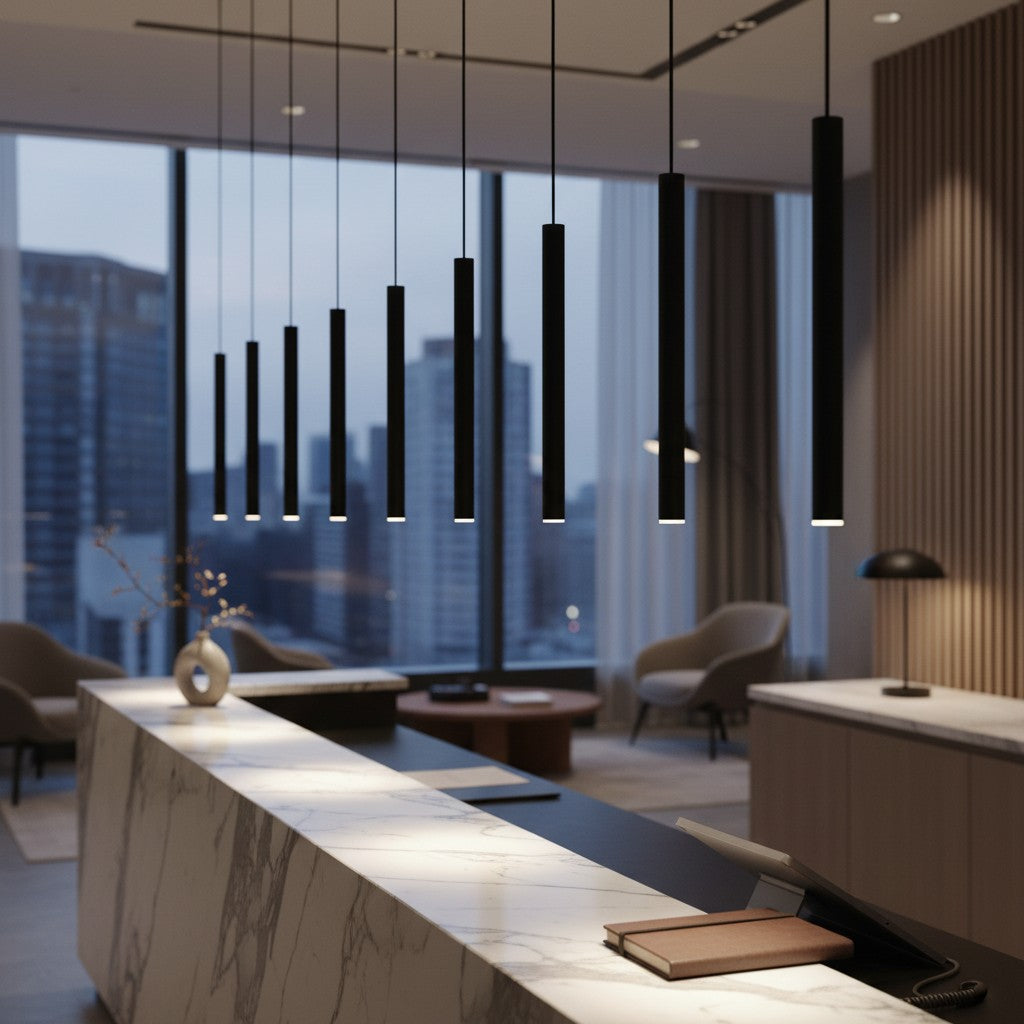 Valiant Products Satori matte black LED pendant lights hanging in a modern office reception area with city views.