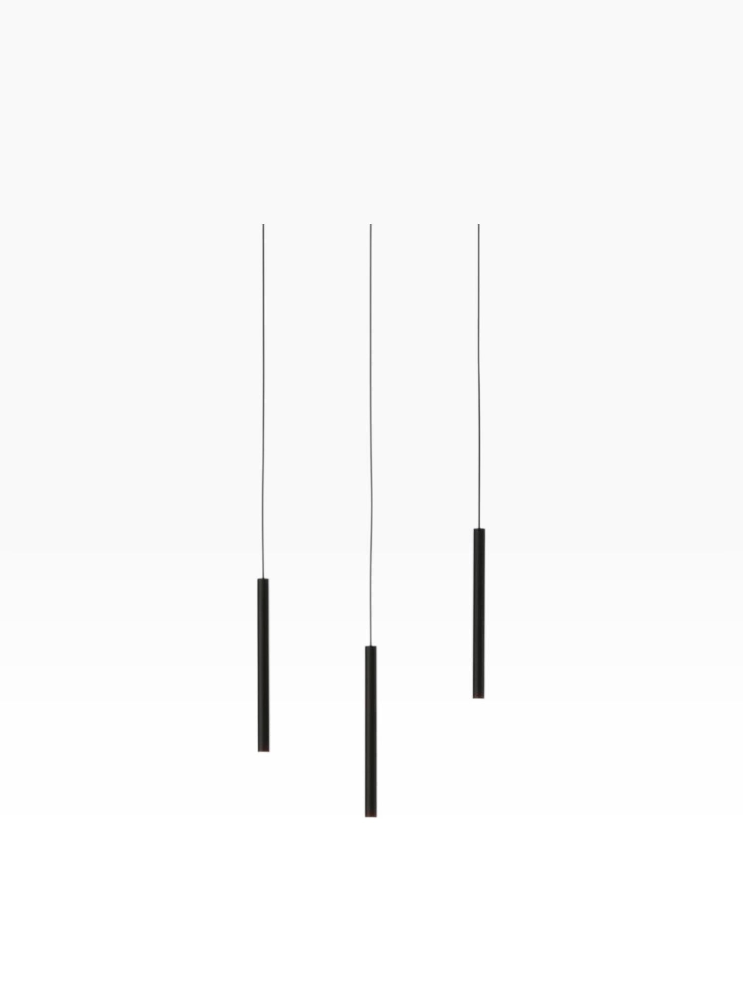 Valiant Products Satori LED pendant light fixture in matte black with three slim cylindrical hanging lights