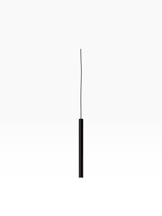 Valiant Products Satori LED pendant light in matte black with a slim cylindrical design and hardwired connection.