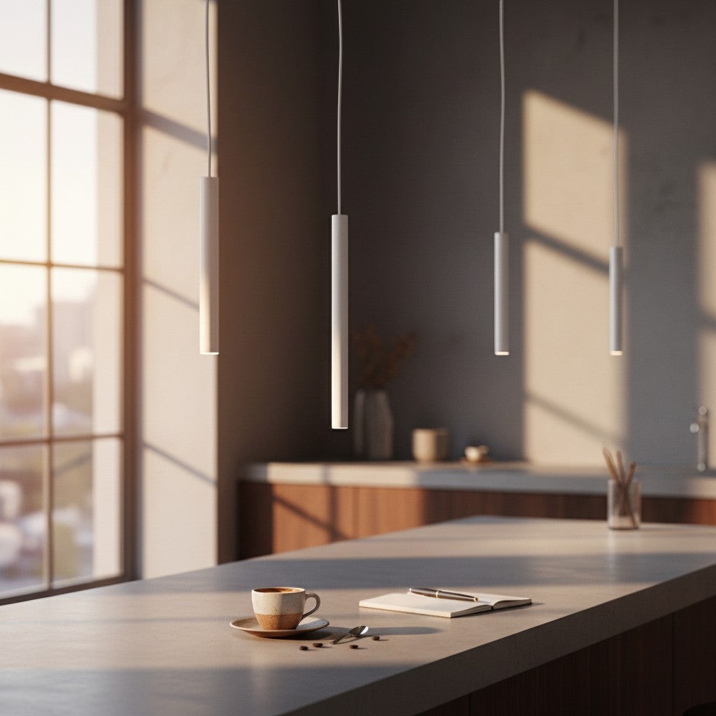 Valiant Products Satori matte white LED pendant lights hanging over a modern kitchen island at sunset