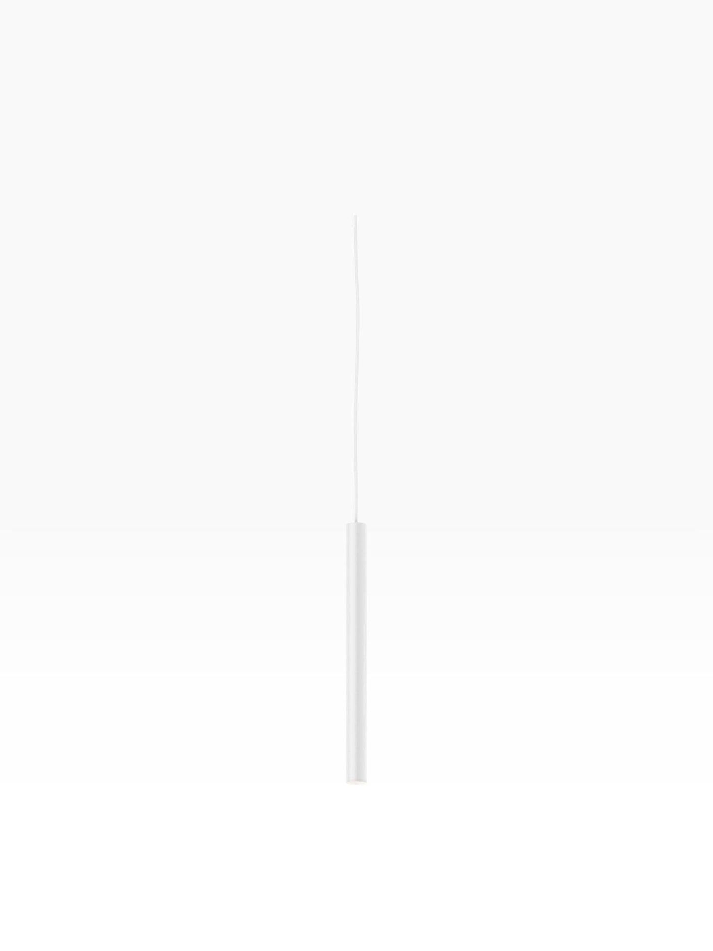 Valiant Products Satori minimalist matte white LED pendant light fixture with a slim cylindrical design.