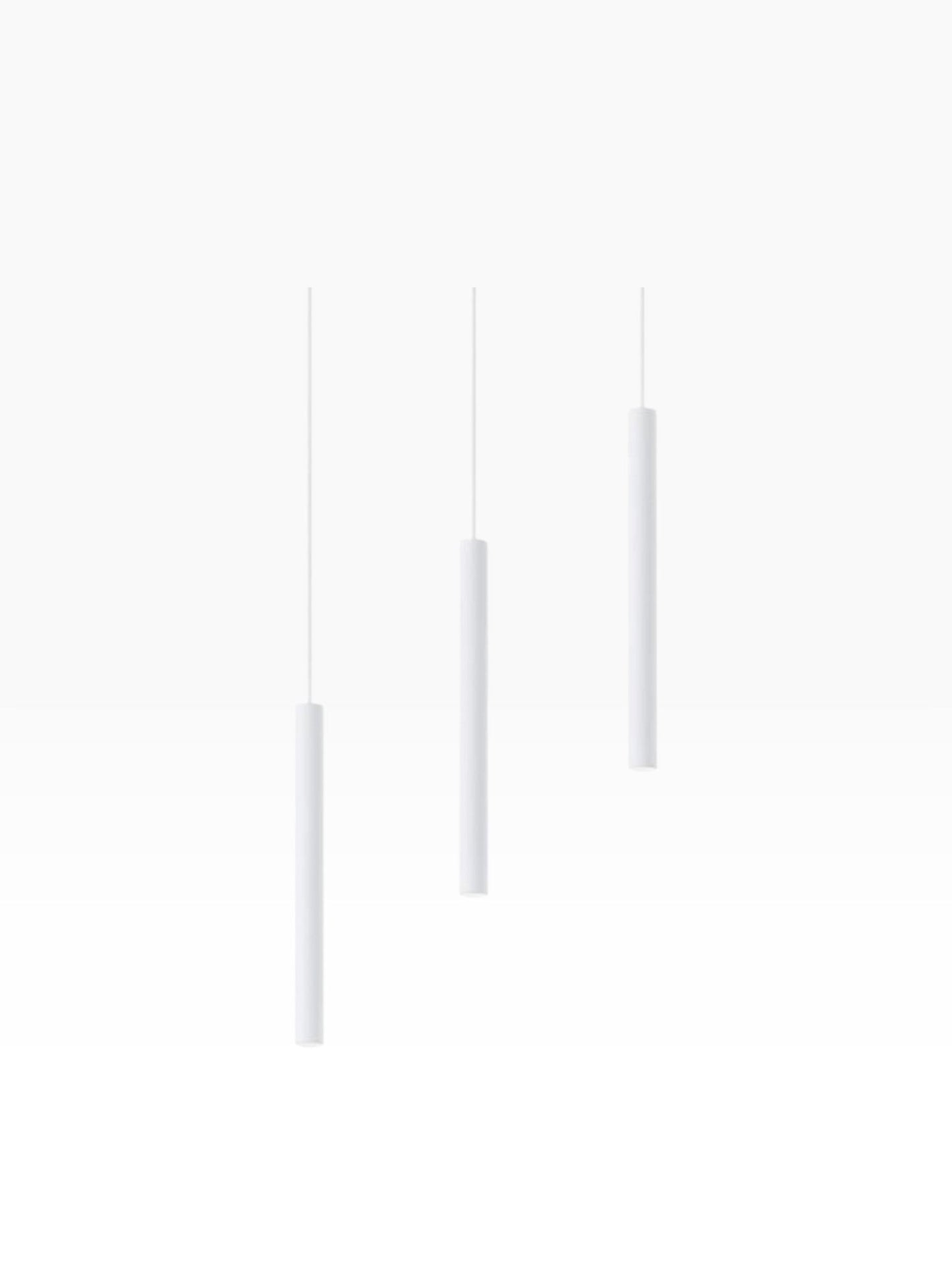 Valiant Products Satori LED pendant light fixture in matte white with three slim cylindrical lights at varying heights