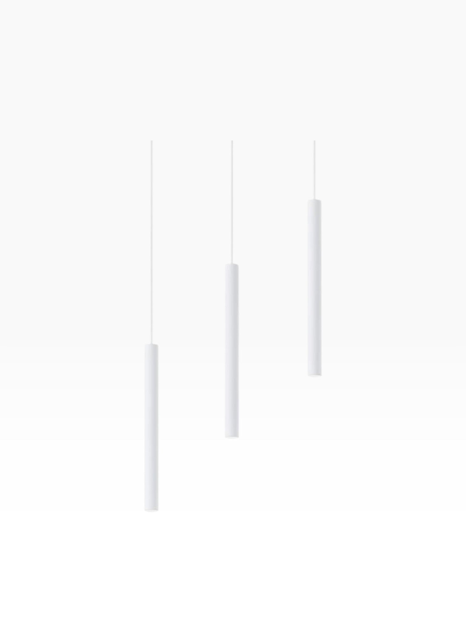 Valiant Products Satori LED pendant light fixture in matte white with three slim cylindrical lights at varying heights
