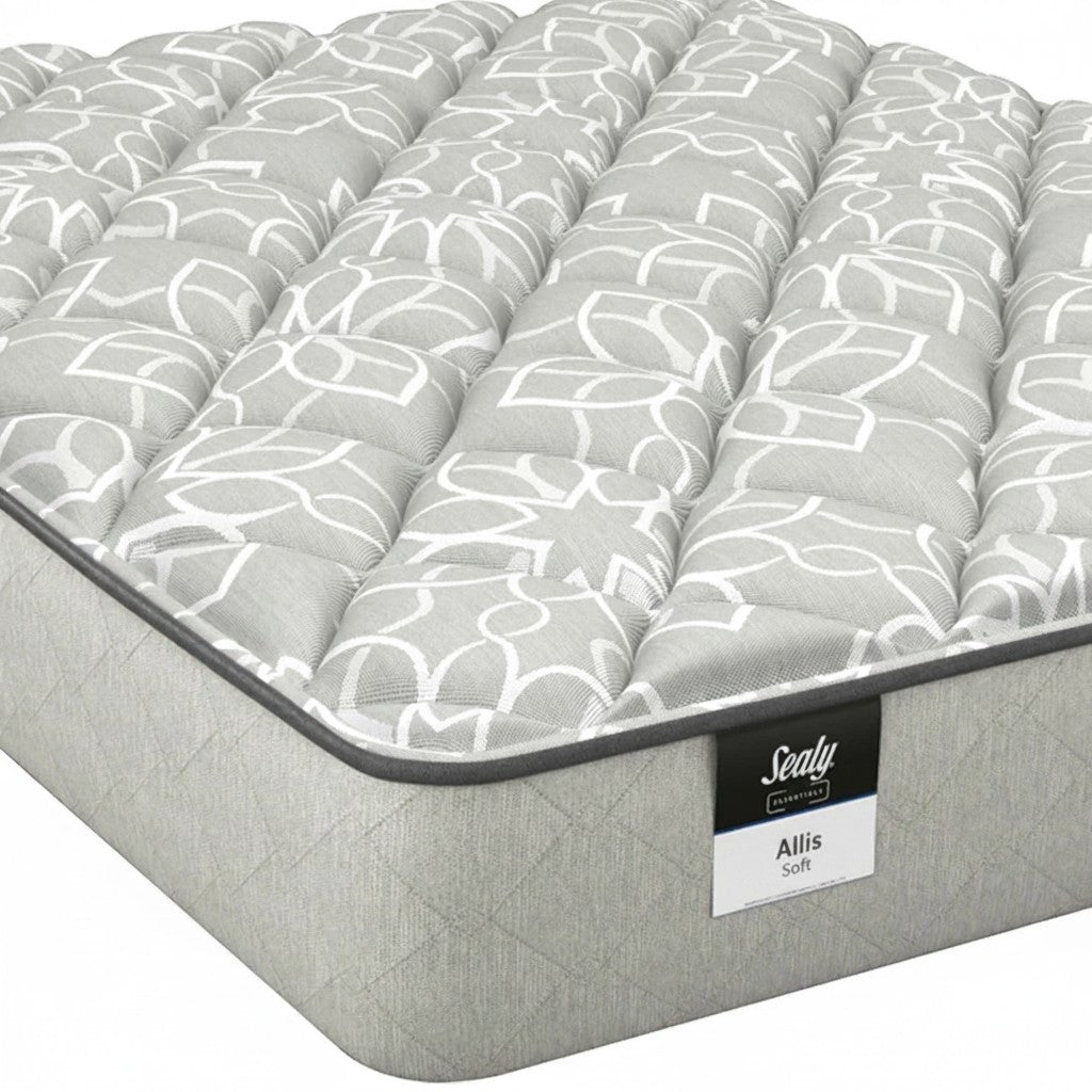 Valiant Products Sealy Allis 11-inch soft two-sided mattress with grey patterned woven fabric and tight top design.