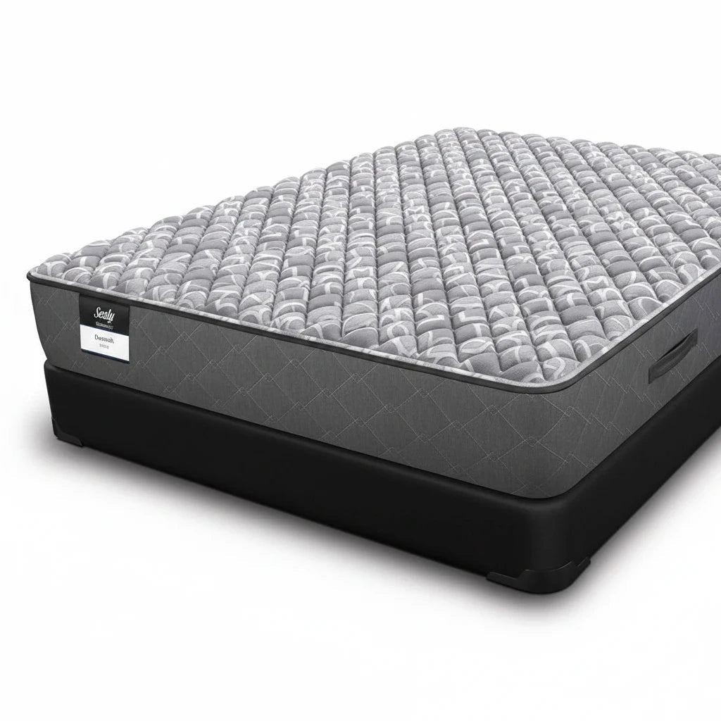 Valiant Products Sealy Posturepedic Decorah 12-inch firm tight top mattress with grey knit fabric and side handles.
