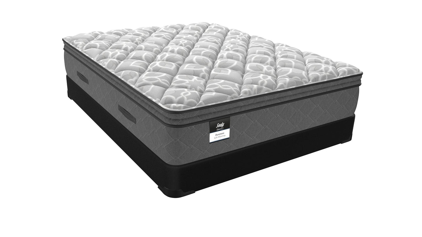 Valiant Products Sealy Posturepedic Dunmore 11.5-inch soft Euro pillowtop mattress with grey knit fabric and side handles.