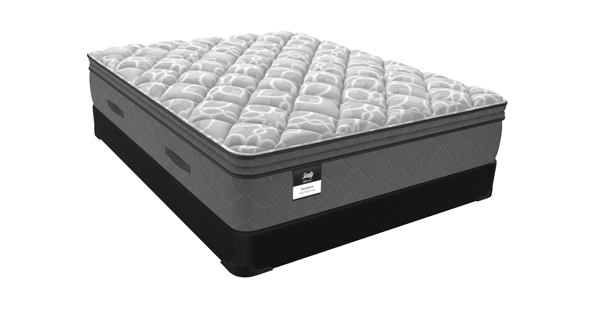 Valiant Products Sealy Posturepedic Dunmore 11.5-inch soft Euro pillowtop mattress with grey knit fabric and side handles.
