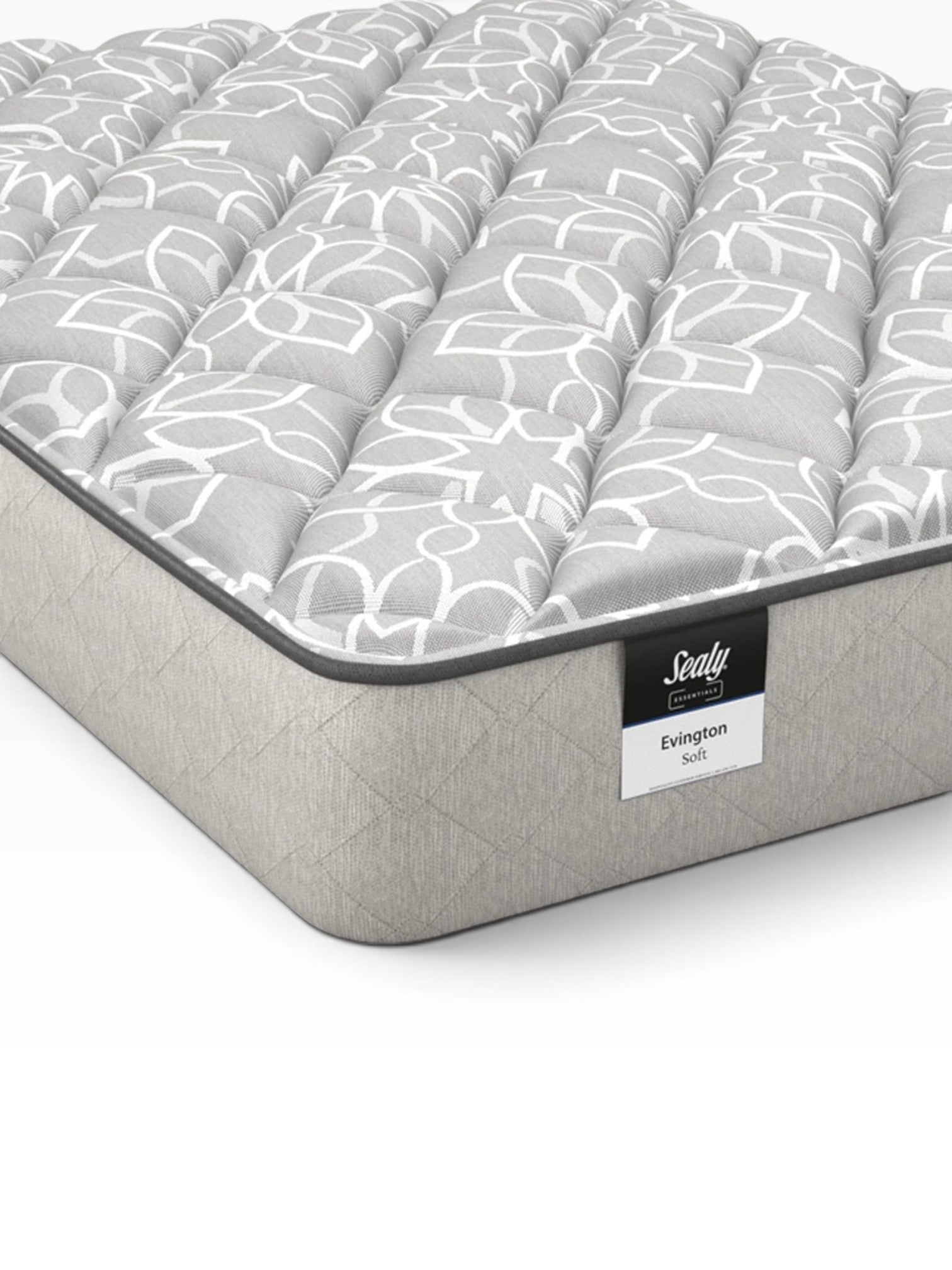 Valiant Products Sealy Essentials Evington 12-inch firm mattress with grey patterned top and quilted side border.
