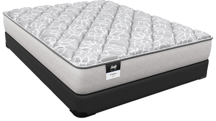 Valiant Products Sealy Evington 12-inch firm tight-top mattress with grey patterned fabric and black base