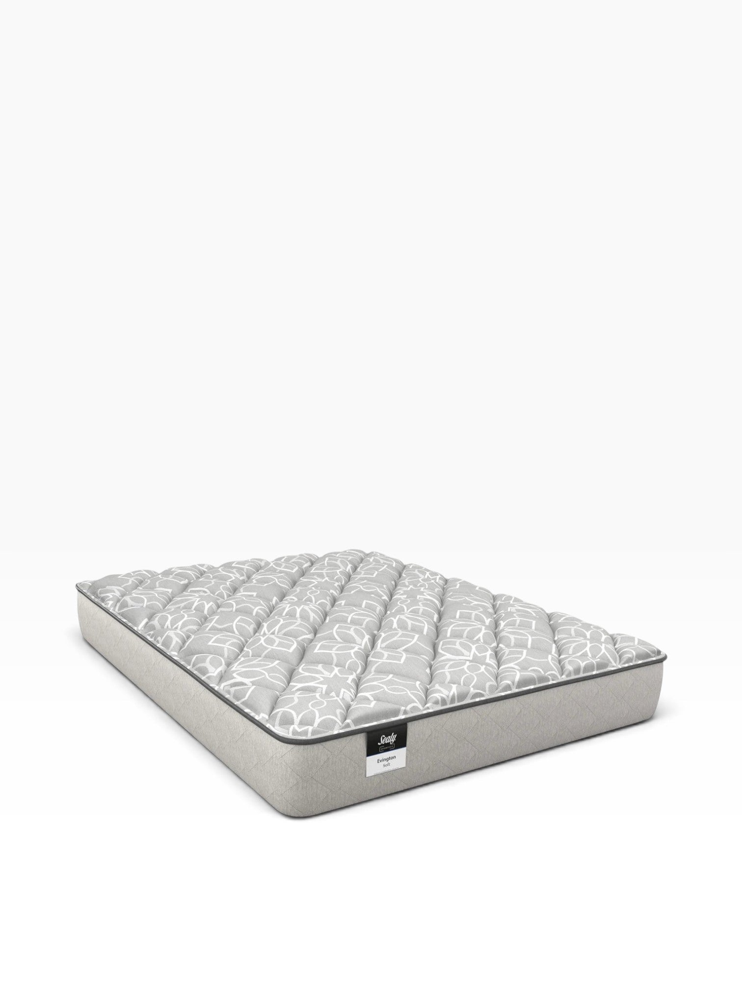 Valiant Products Sealy Evington 12-inch soft one-sided tight top mattress with a grey floral patterned woven surface.