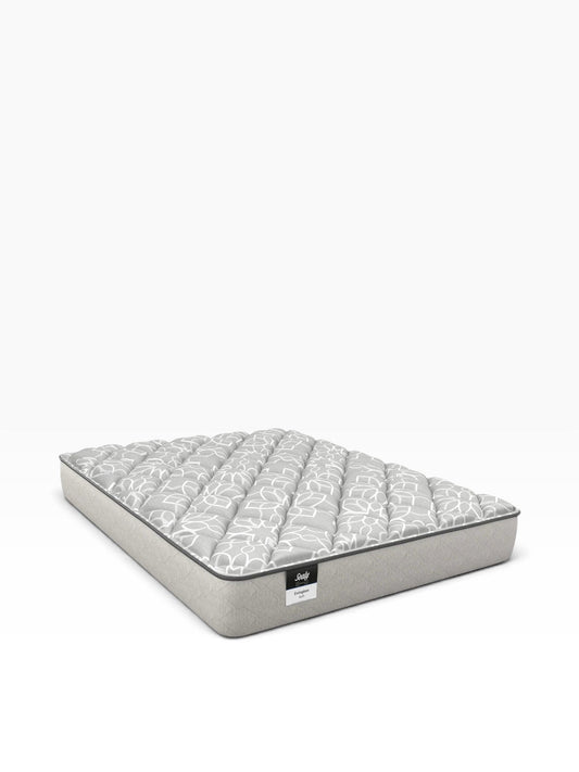 Valiant Products Sealy Evington 12-inch soft one-sided tight top mattress with a grey floral patterned woven surface.