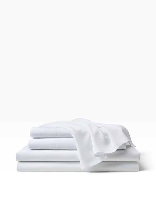 Valiant Products Simplicity 180 thread count white percale fitted sheet folded in a neat stack