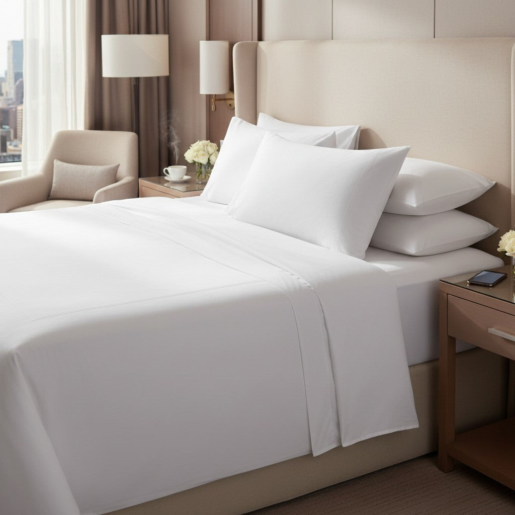 Valiant Products Simplicity white 180 thread count percale flat sheet on a made bed in a modern hotel room setting.