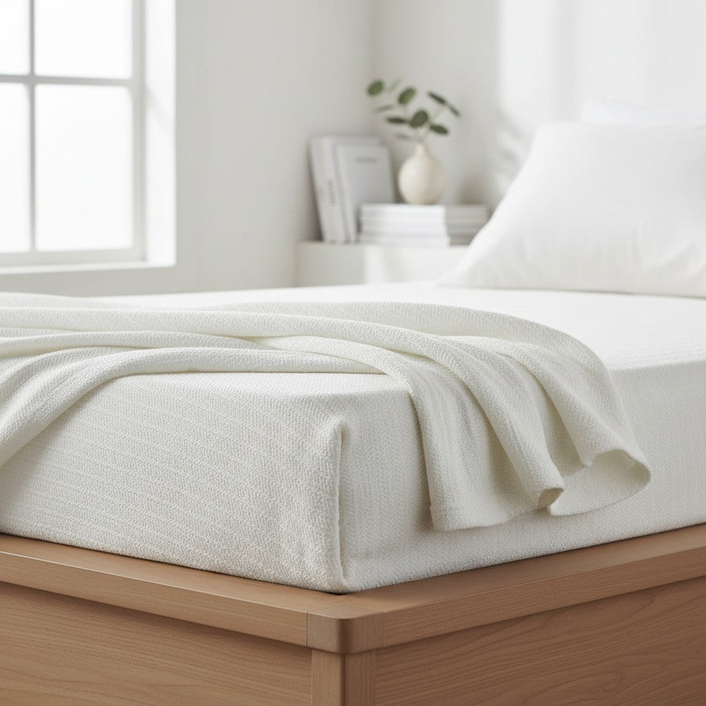Valiant Products Sovereign 100% cotton blanket in natural white with a tight diagonal weave on a made bed