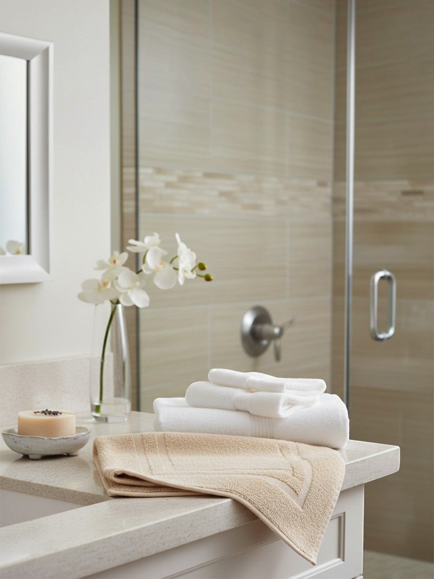 Valiant Products Sovereign collection white and ecru dobby border bath mats and towels stacked on a bathroom vanity.