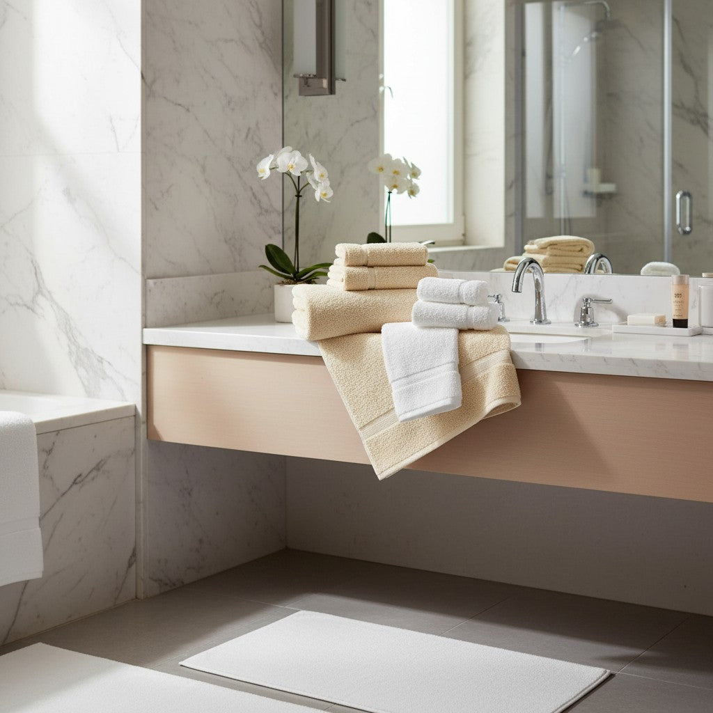 Valiant Products Sovereign dobby border bath towels in white and ecru stacked on a modern marble bathroom vanity.