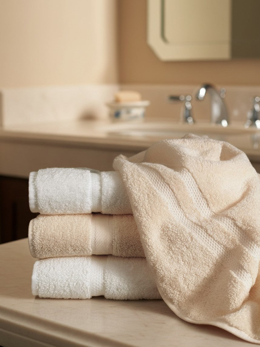 Valiant Products Sovereign dobby border bath towels in white and ecru stacked on a bathroom vanity counter.