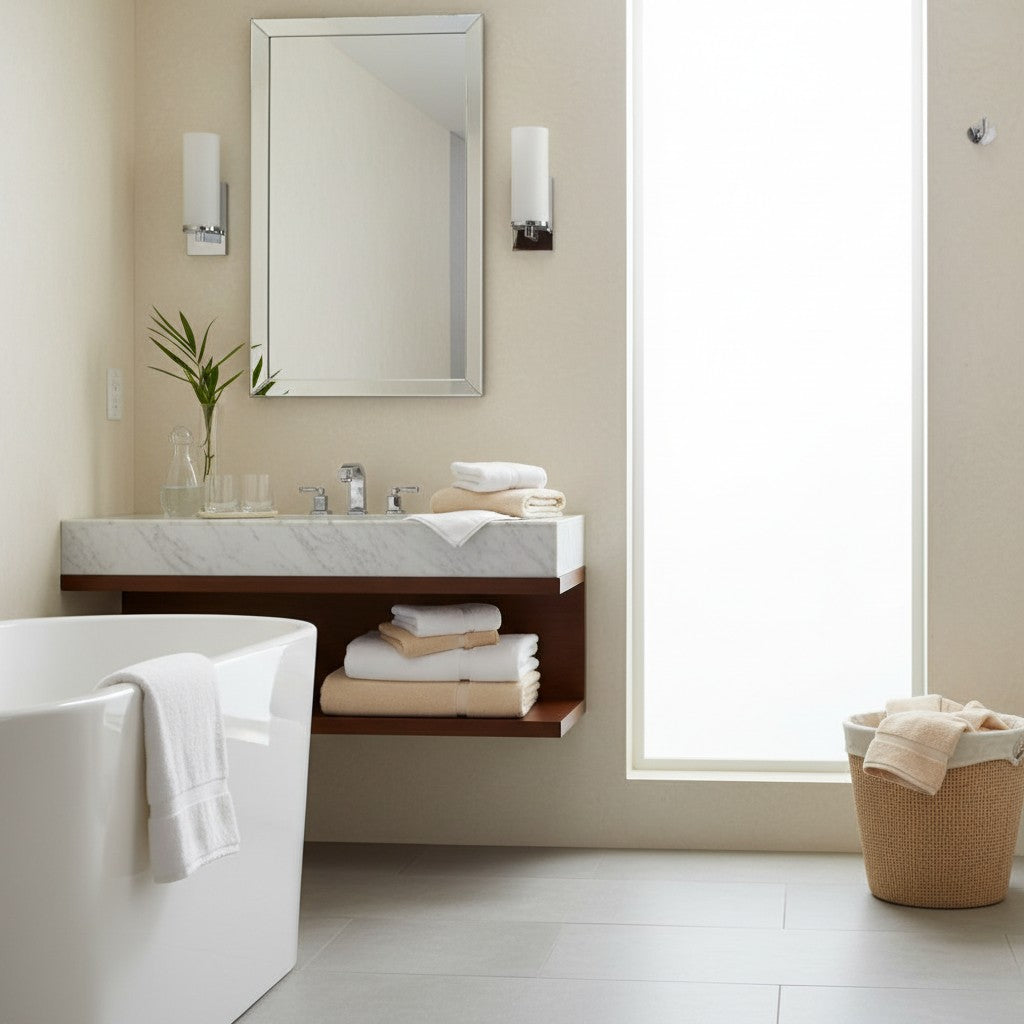 Valiant Products Sovereign dobby border hand towels stacked on a modern bathroom vanity with a white bathtub.